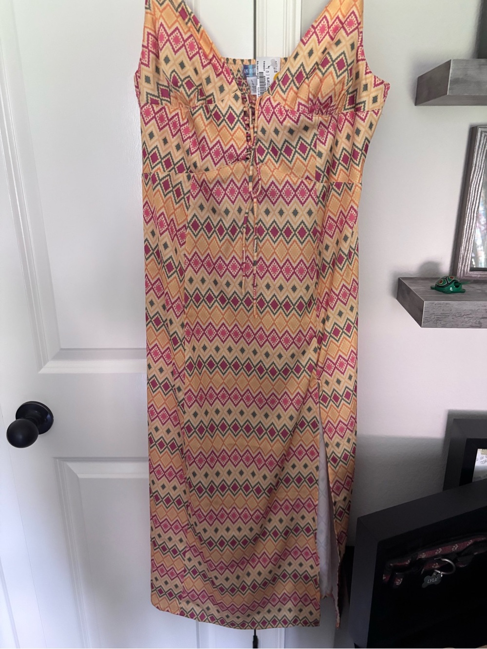 Sleeveless Geometric Print Midi Dress in Yellow and Pink